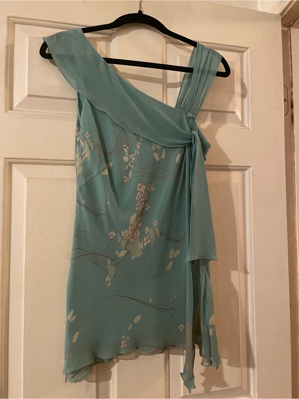 Max Studio 100% Silk Layered Asymmetrical Floral Blouse Medium Seafoam